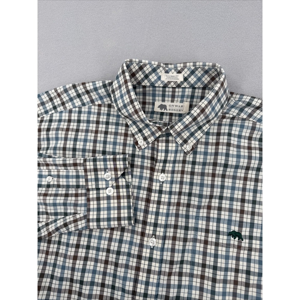 Onward Reserve Tailored Fit Nylon Button Down Mens L Blue Plaid Performance